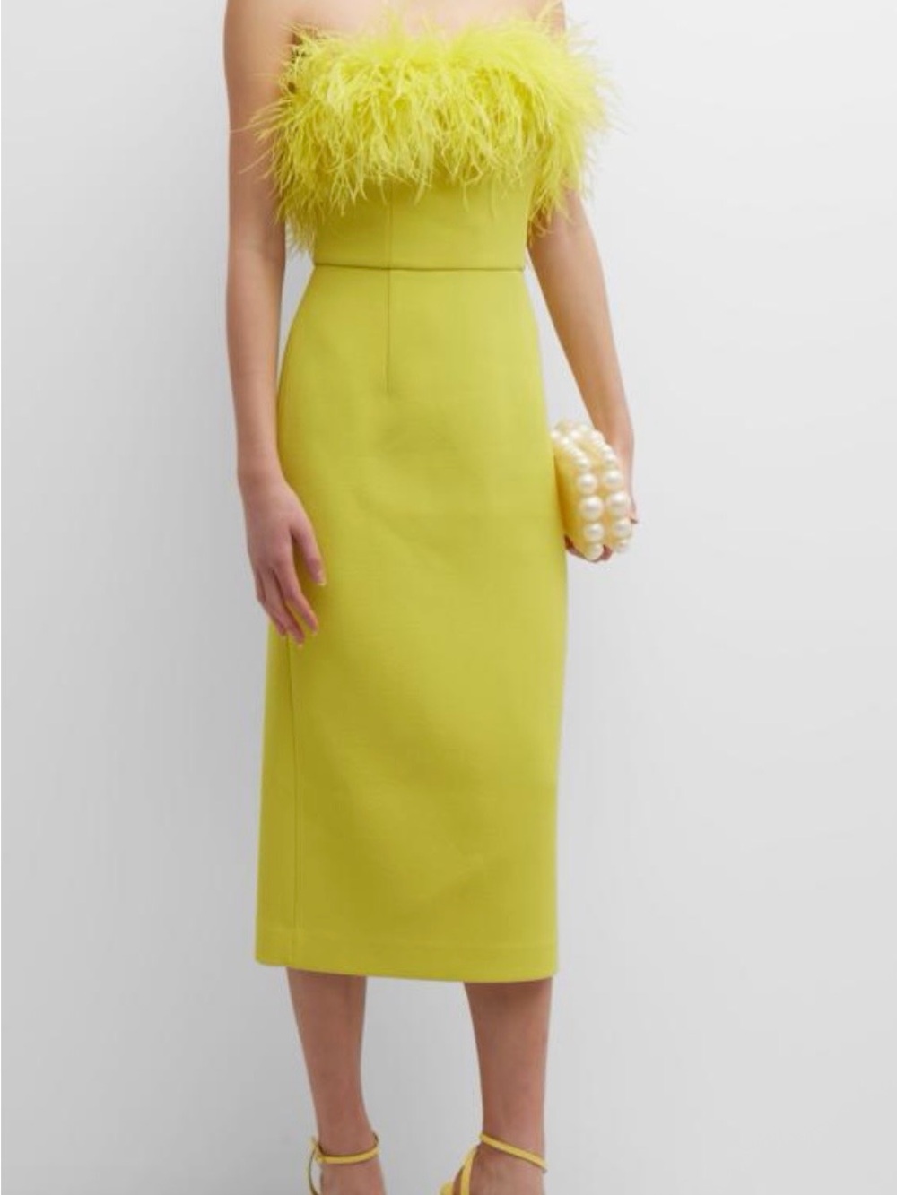 Rebecca Vallance Yellow Strapless Feather-Trim Midi Dress NEW W TAGS